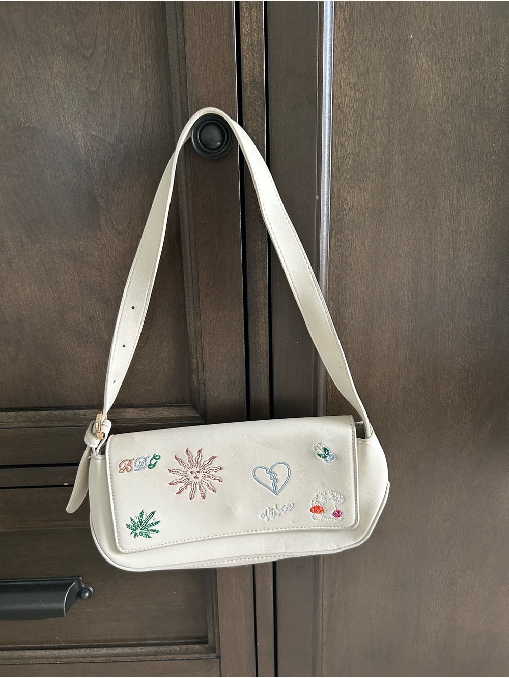 Cream Embroidered Shoulder Bag with Decorative Patches